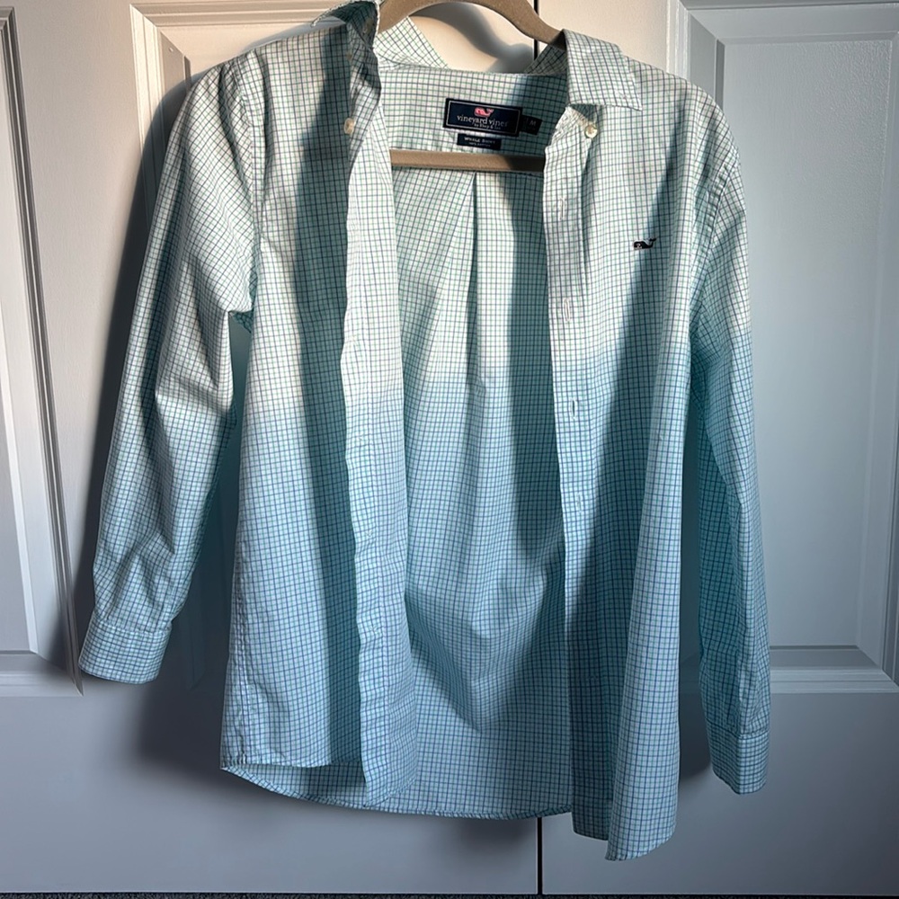 Blue and Green Button-Up Gingham Long Sleeve Shirt